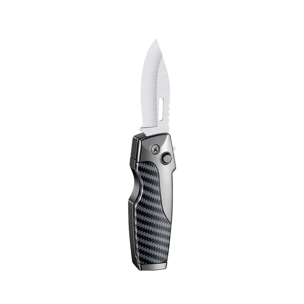 Metal folding lighter with integrated knife showing zinc alloy construction and safety lock mechanism