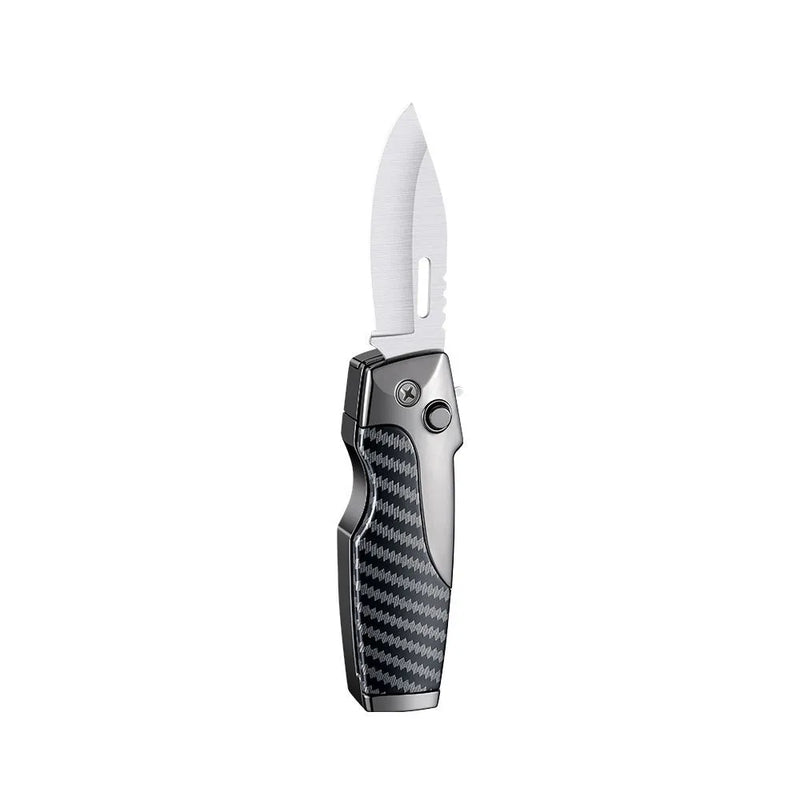 Metal folding lighter with integrated knife: Portable outdoor tool featuring zinc alloy construction, safety lock mechanism, and one-click unfolding for reliable ignition and cutting tasks