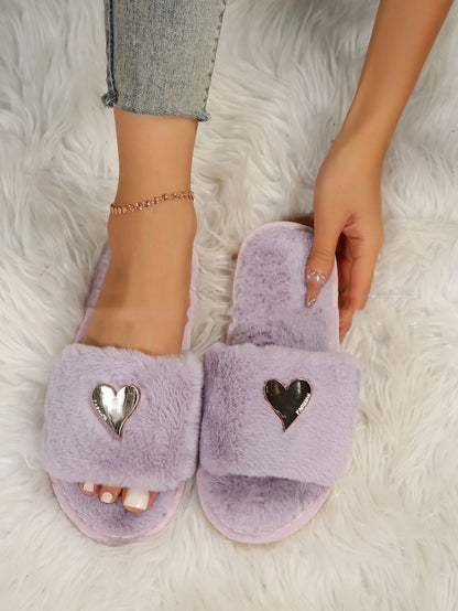 Cozy women's faux fur slippers with heart pendant in various colors