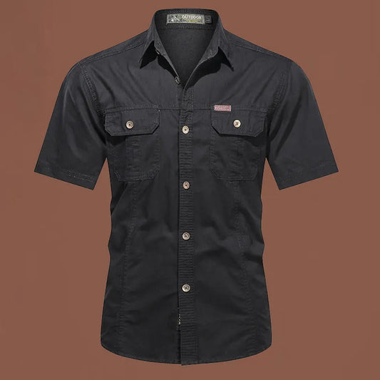 Men's short sleeve cotton work shirt in cardigan style with non-iron treatment, available in multiple colours and sizes
