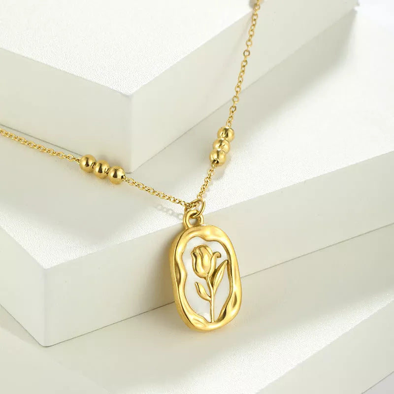 Rose white shell pendant necklace with 18K stainless steel chain