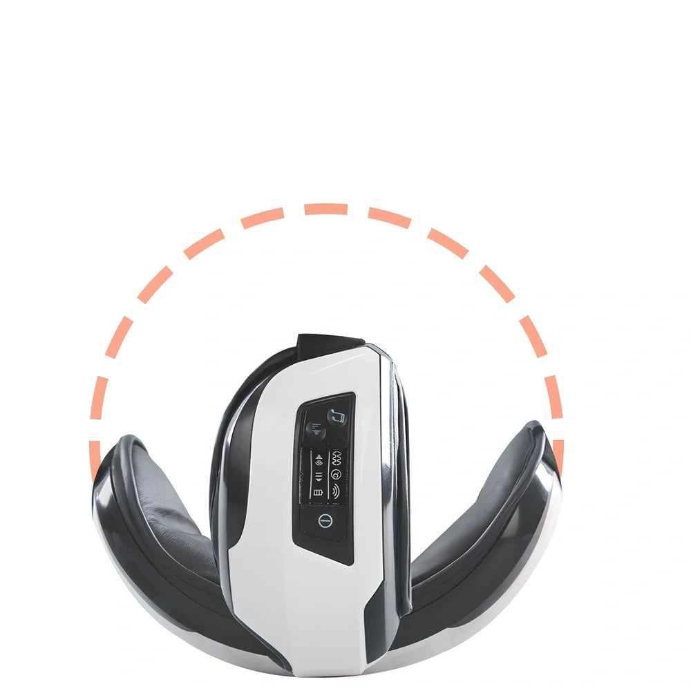 Black and white eye massager with USB cable, showing contoured design for eye socket placement