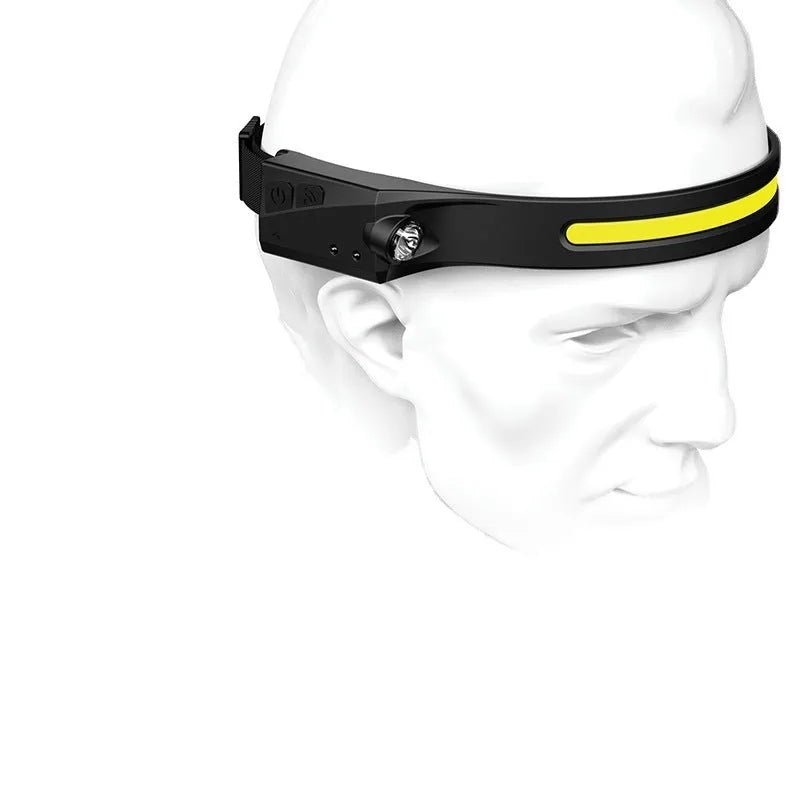 Black silicone USB rechargeable headlamp with a wide COB LED lens and a side wave sensor.