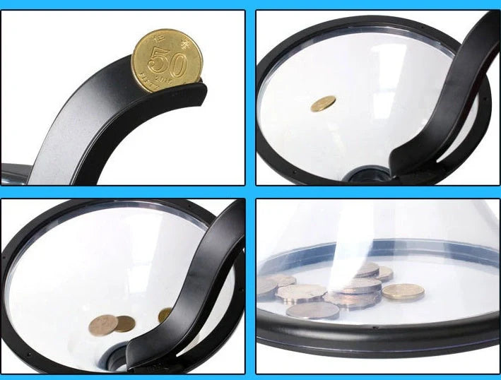 Transparent vortex piggy bank with coins spiraling down, fun and educational