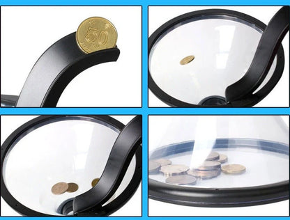 Transparent vortex piggy bank with coins spiraling down, fun and educational