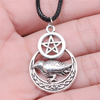 Men's vintage silver pentagram crow pendant necklace with adjustable chain