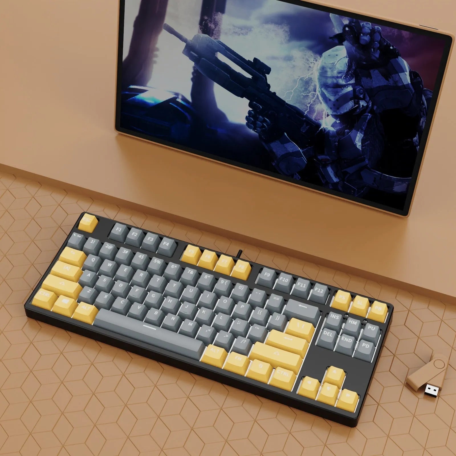 87-key mechanical keyboard with two-tone coloured keycaps on metal case