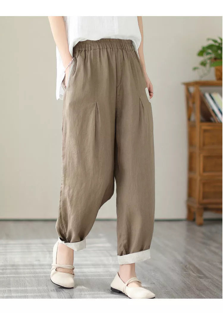 Loose large size slimming high waist pants in black, brown, and linen colors