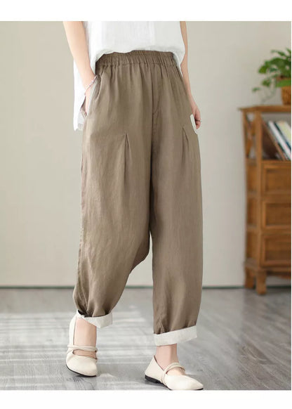 Loose large size slimming high waist pants in black, brown, and linen colors