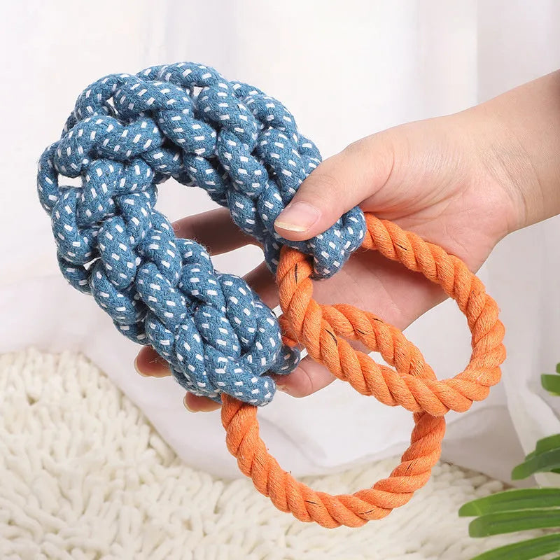 Blue braided bone-shaped cotton rope dog toy with double rings measuring 37 cm