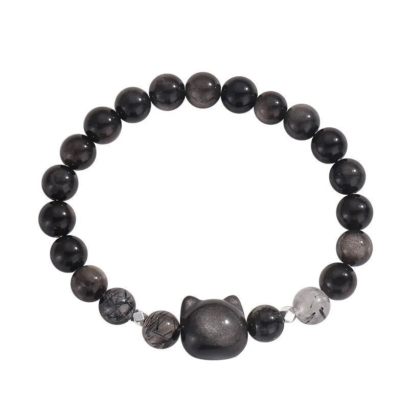 SL311 series obsidian cat charm bracelet in silver stone or white agate colour options