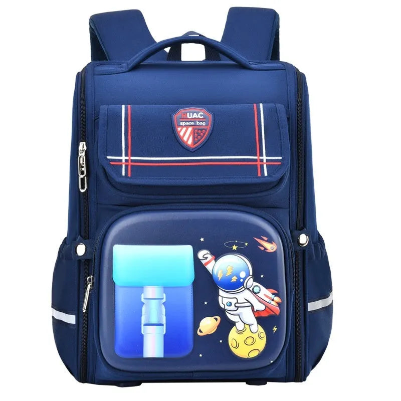 Children's cartoon backpack with airpillow straps in rabbit pink colour showing size comparison