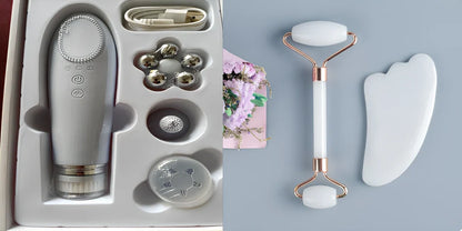 White jade facial roller with dual heads and matching scraping board for traditional Chinese massage therapy