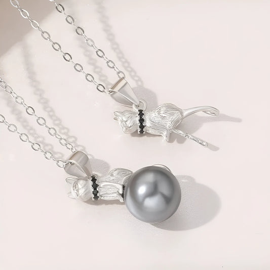 925 sterling silver cat pendant necklace with cat silhouette design on clavicle-length chain