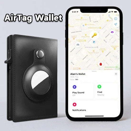 Slim leather wallet with built-in AirTag holder, featuring RFID-blocking technology and convenient card access