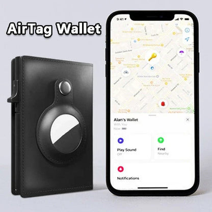 Slim leather wallet with built-in AirTag holder, featuring RFID-blocking technology and convenient card access
