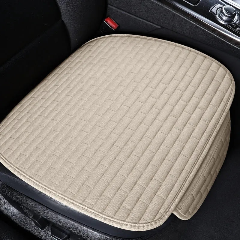 Linen car seat cushion three-piece protective pad with ventilation and sponge filler in black, black and red, grey, brown, or beige
