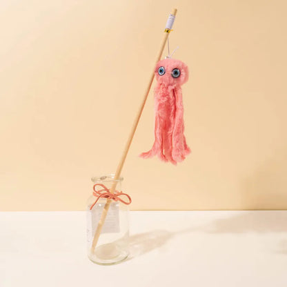 Long stick cat toy with furry octopus attachment and eyes in assorted colours