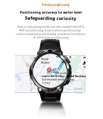 Sports smartwatch with dual cameras on a wrist, showing its touch screen interface.