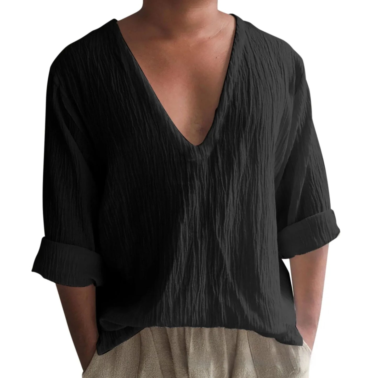 Men's washed cotton long sleeve V-neck t-shirt in a solid colour on a hanger.