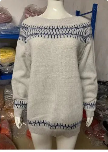 Women's loose round neck acrylic pullover sweater in geometric and stripe prints, sizes S-5XL, 50cm length