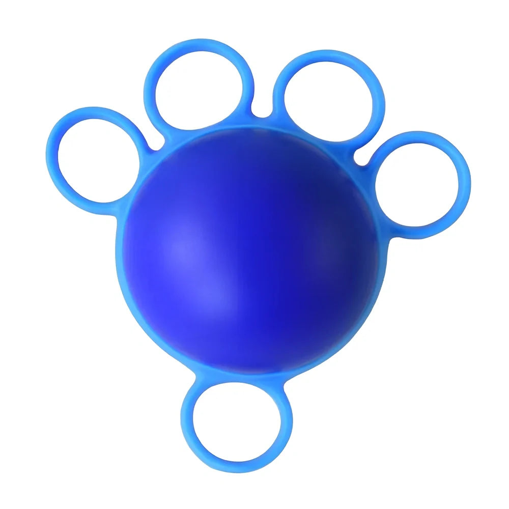 Blue four-finger grip training ball showing 10x9cm spherical design with silicone sleeve