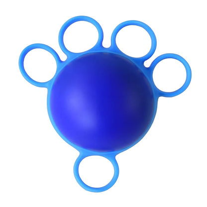 Blue four-finger grip training ball showing 10x9cm spherical design with silicone sleeve