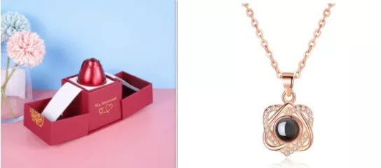 Valentine's Day metal rose jewelry gift box necklace with adjustable crystal design