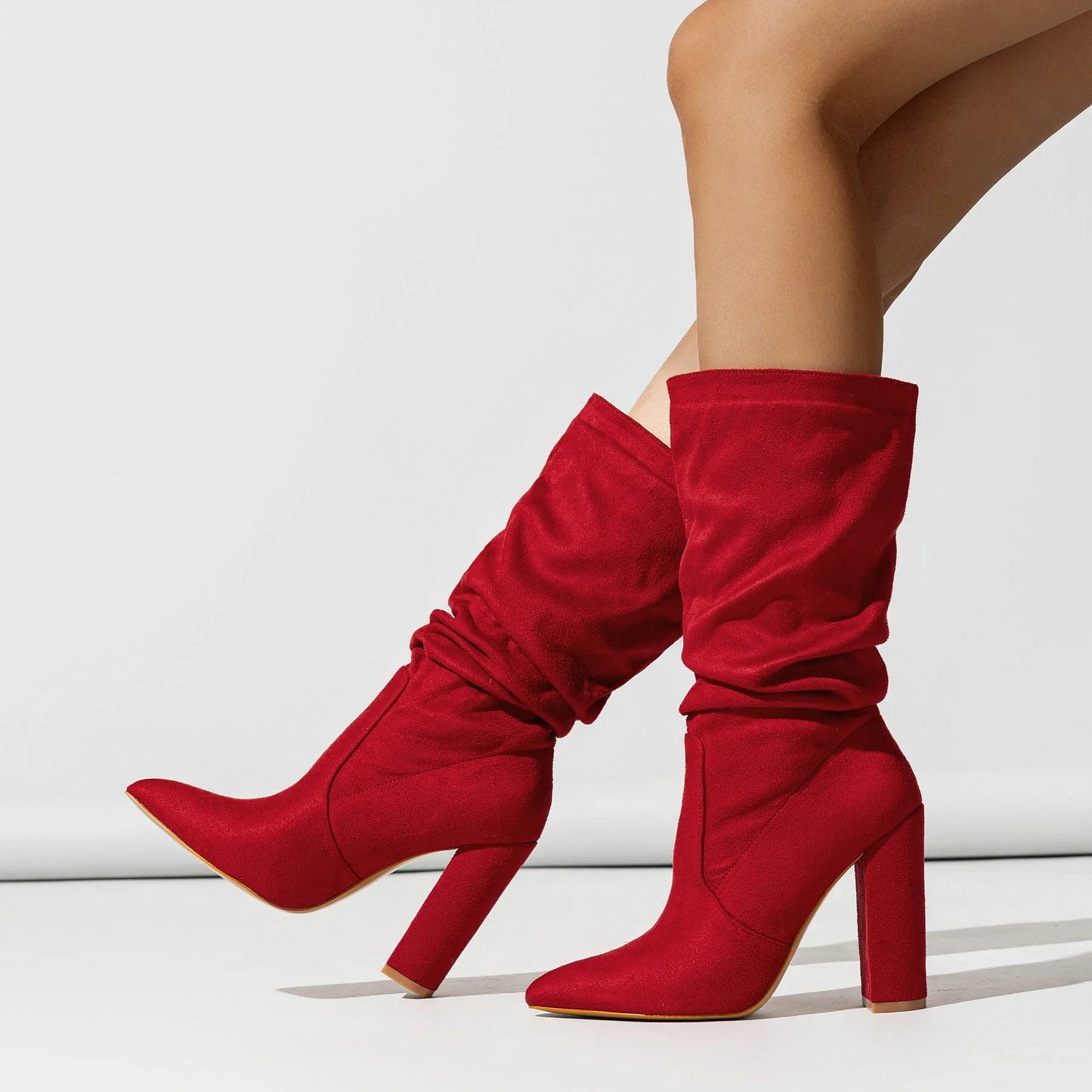 Women's chunky heel pointed-toe suede boots in black, apricot, or red with 8cm+ heel height
