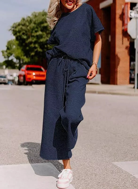 Women's casual polyester two-piece set in various colors