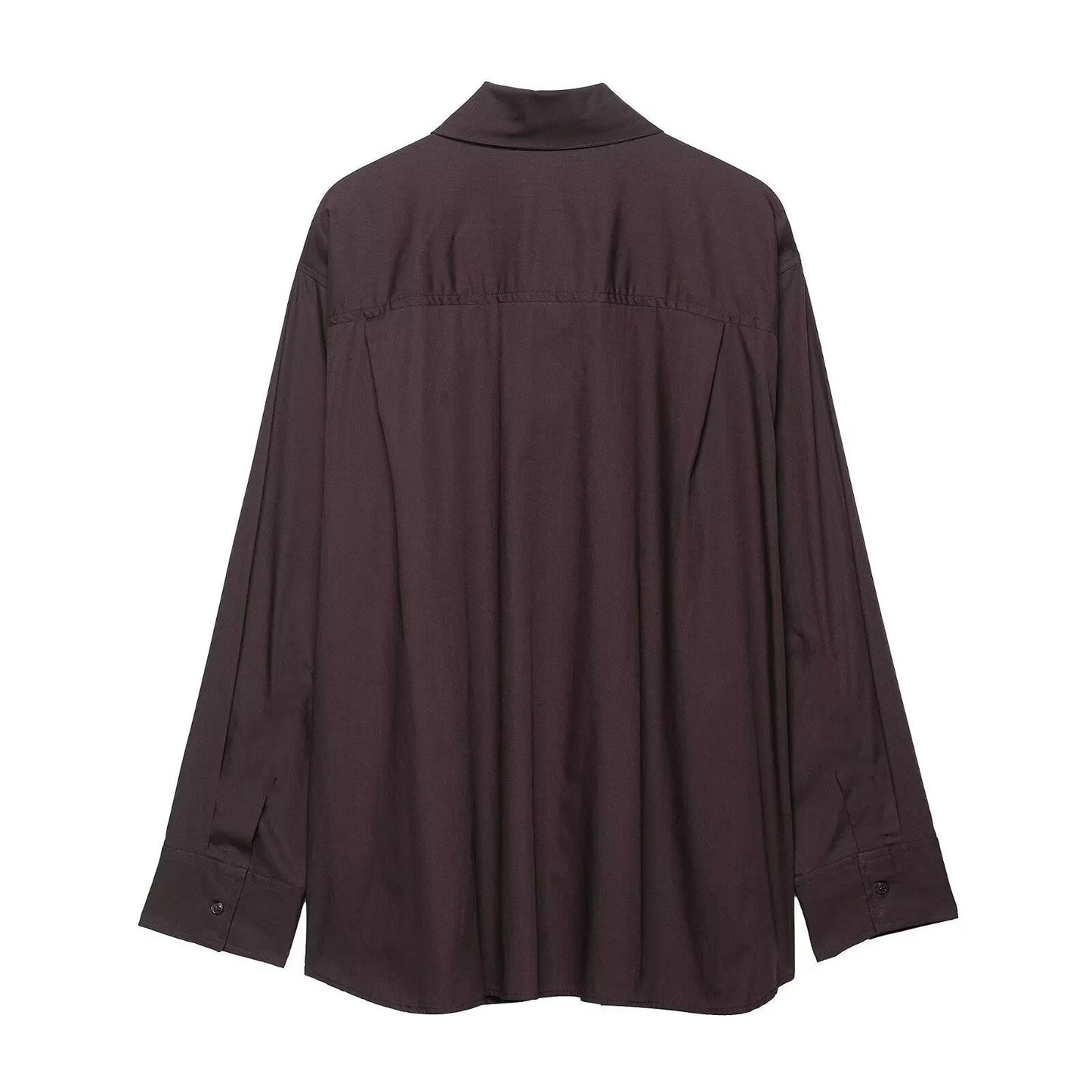 Brown women's loose fit poplin shirt with cardigan-style opening and bow tie detail