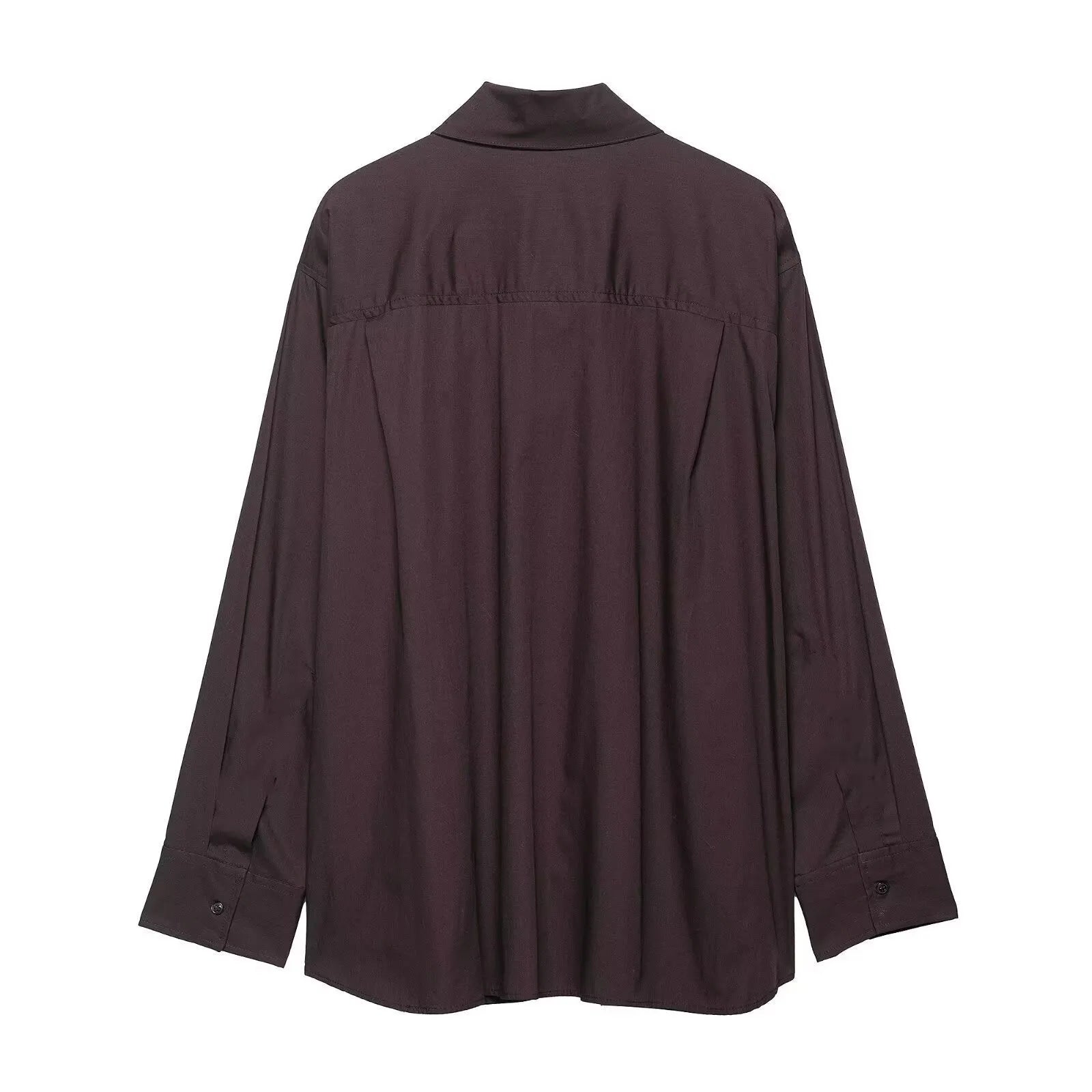 Brown women's loose fit poplin shirt with cardigan-style opening and bow tie detail