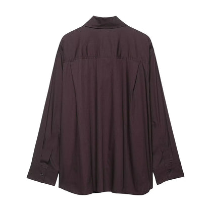 Brown women's loose fit poplin shirt with cardigan-style opening and bow tie detail