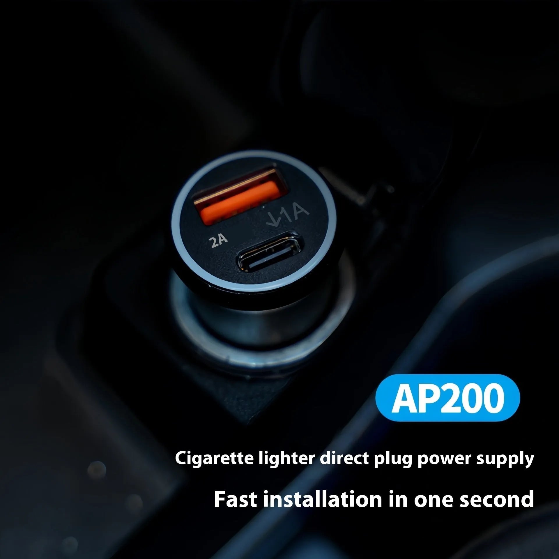 Black car charger locator GPS device with plug for 12V socket, made of ABS plastic