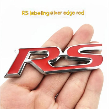 Zinc alloy metal car sticker with RS design measuring 9 by 2.4 centimetres