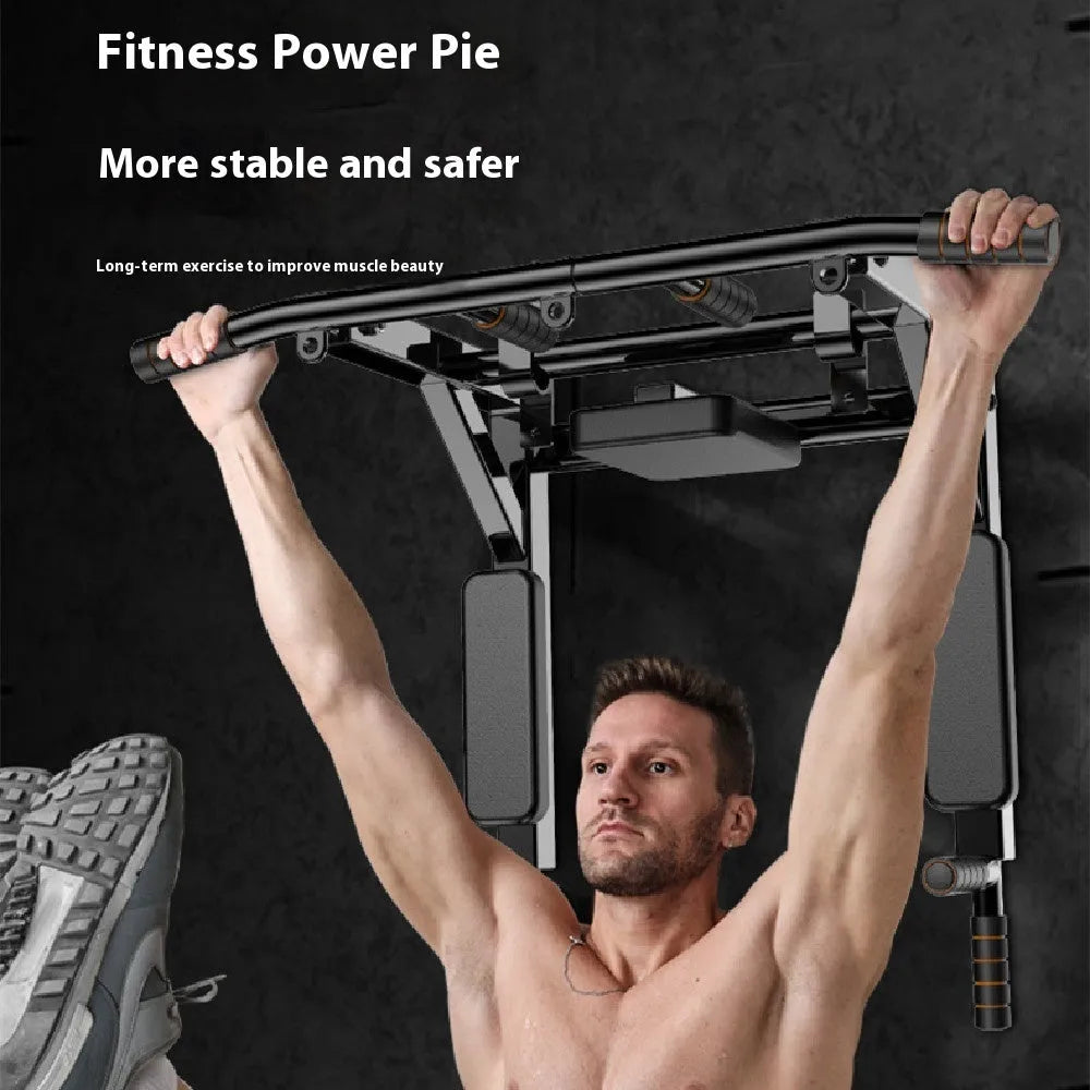 Black wall-mounted fitness station with sandbag rack and parallel bars measuring 77cm wide by 47cm high