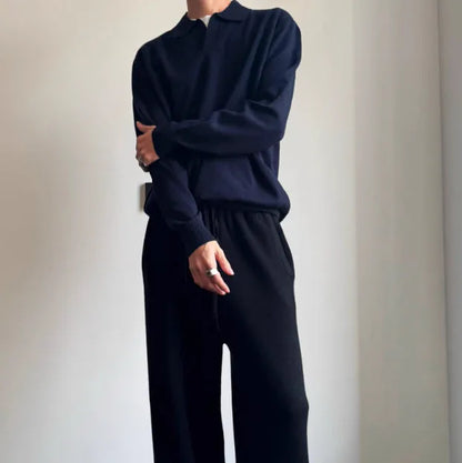 Old Money Style pure wool polo sweater with lapel collar and long sleeves in milky white or navy blue, loose fit