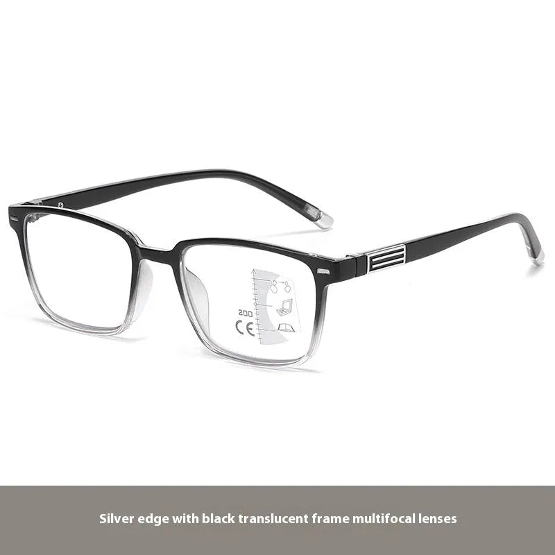 Multifocal reading glasses with anti blue light protection showing colour changing lenses
