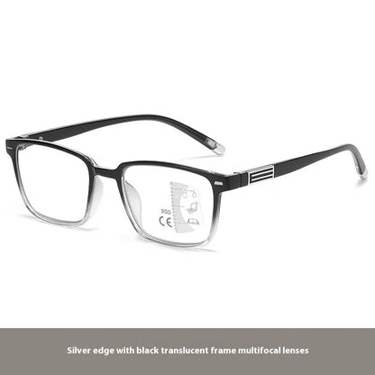 Multifocal reading glasses with anti blue light protection showing colour changing lenses