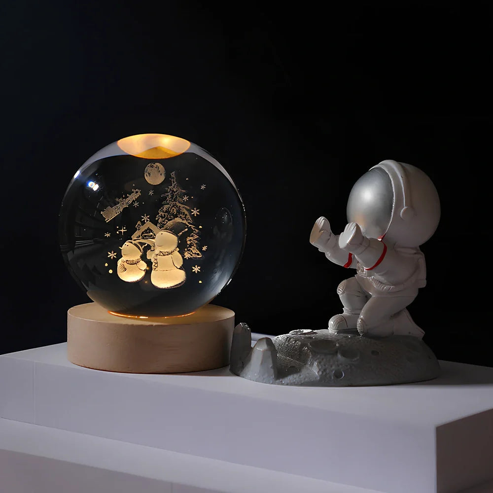 Cosmos Series 8cm crystal ball night light on wooden base with astronaut pusher projecting Milky Way pattern