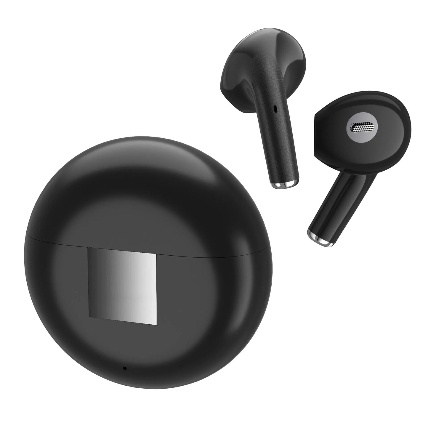 White Wireless Budz5 semi-in-ear Bluetooth headset with charging compartment, showing V5.1 technology and 24-hour battery life