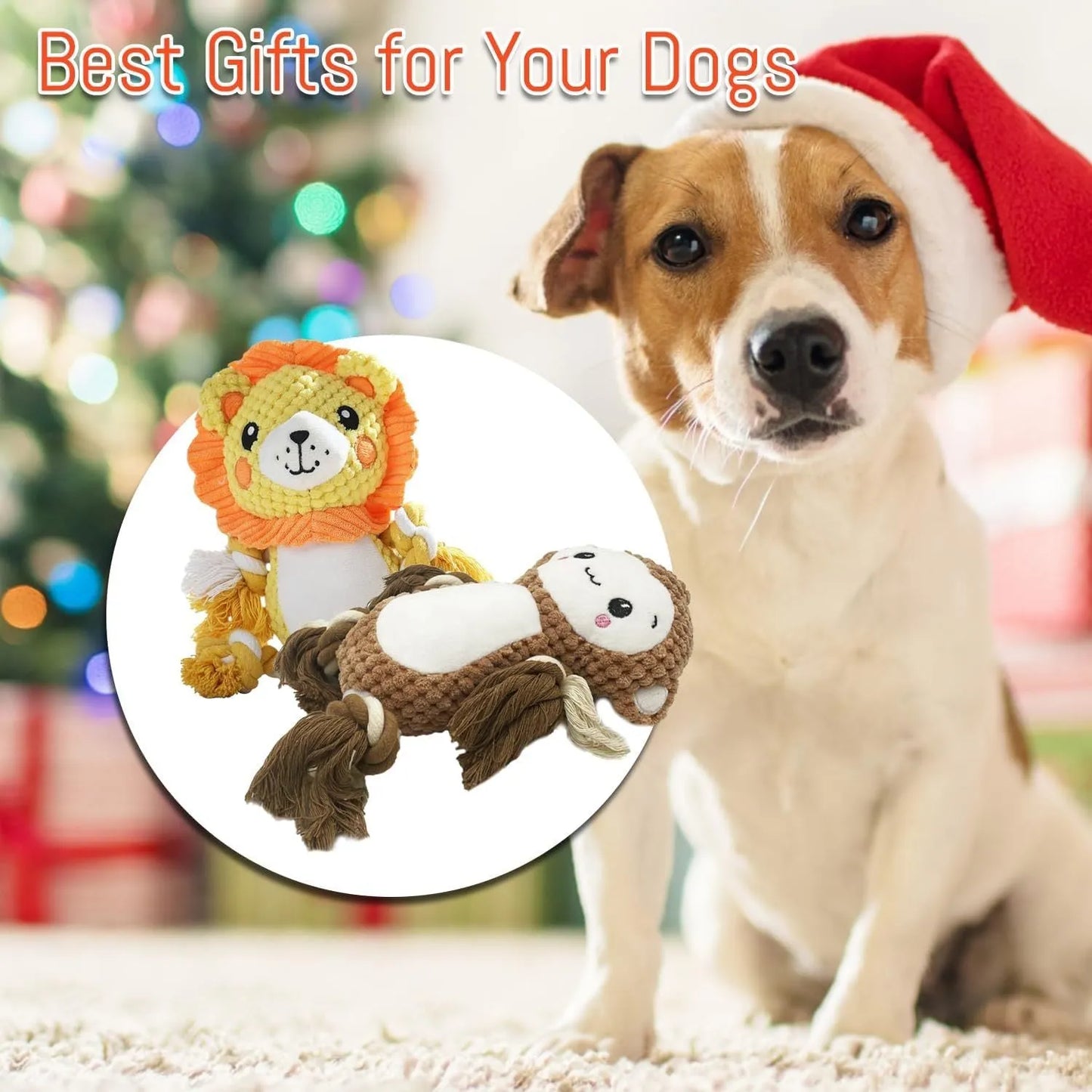 Plush squeaky dog toys bundle with lion and monkey designs, stuffing-free for medium large dogs