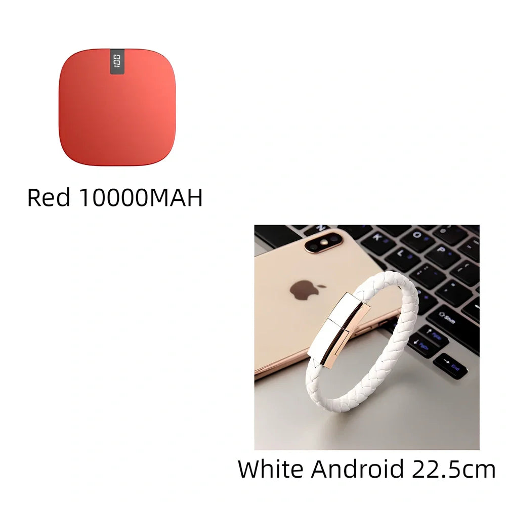 Red 10000 mAh mini power bank with digital display showing battery percentage, measuring 90x64x24mm