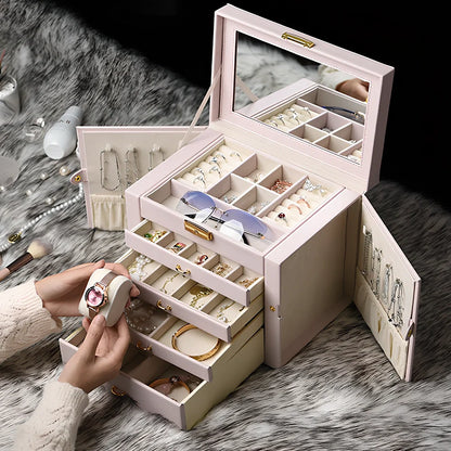 Large jewellery box with multiple compartments for cosmetics and accessories storage