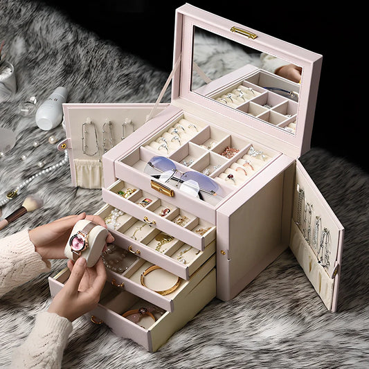 Large jewellery box with multiple compartments for cosmetics and accessories storage
