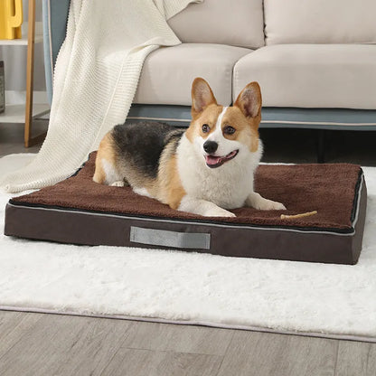 Removable and washable memory sponge dog mat in brown colour, showing 10cm thickness and size options for pet comfort