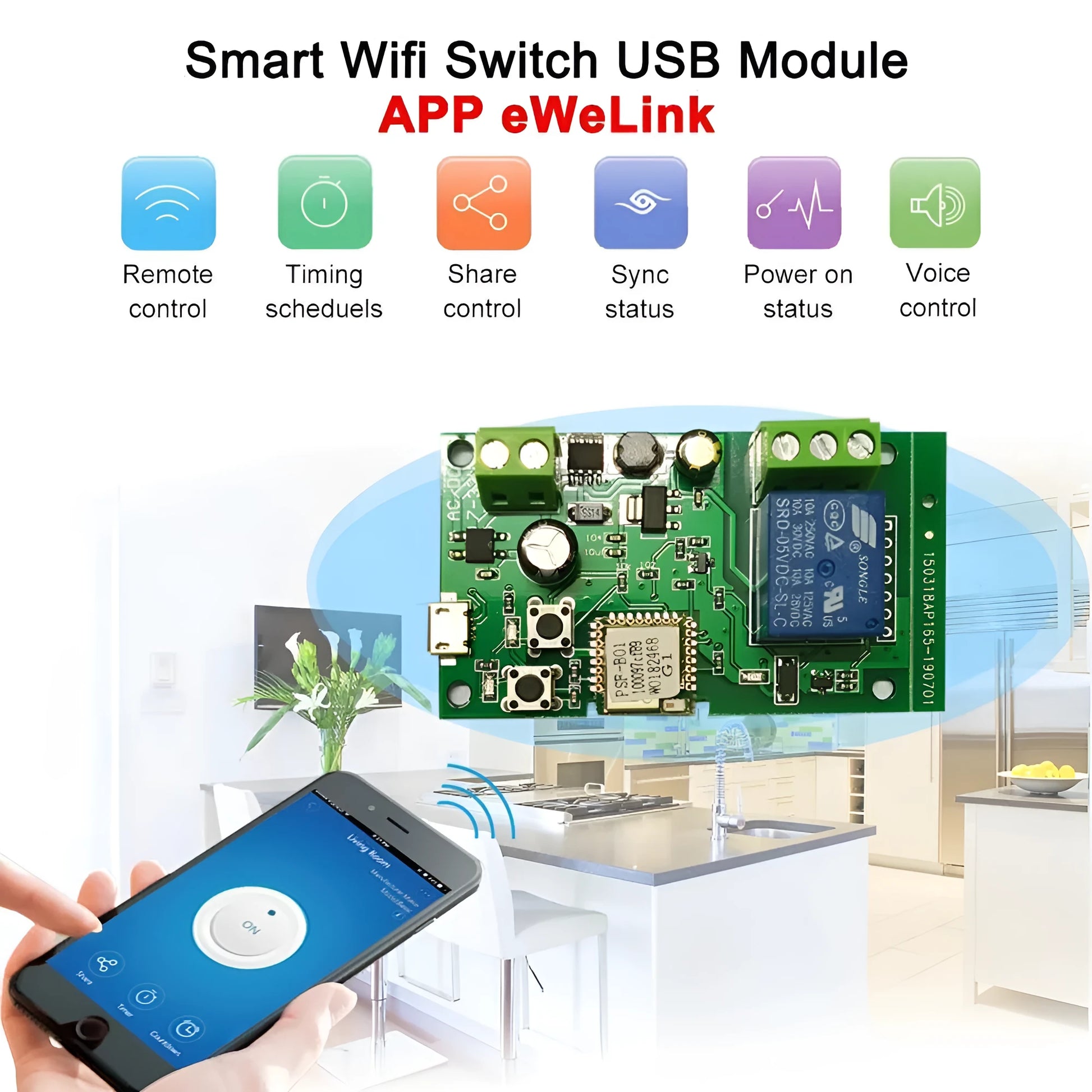 SMG-WF01 1 channel WiFi relay module for 7-32V remote control with USB port.