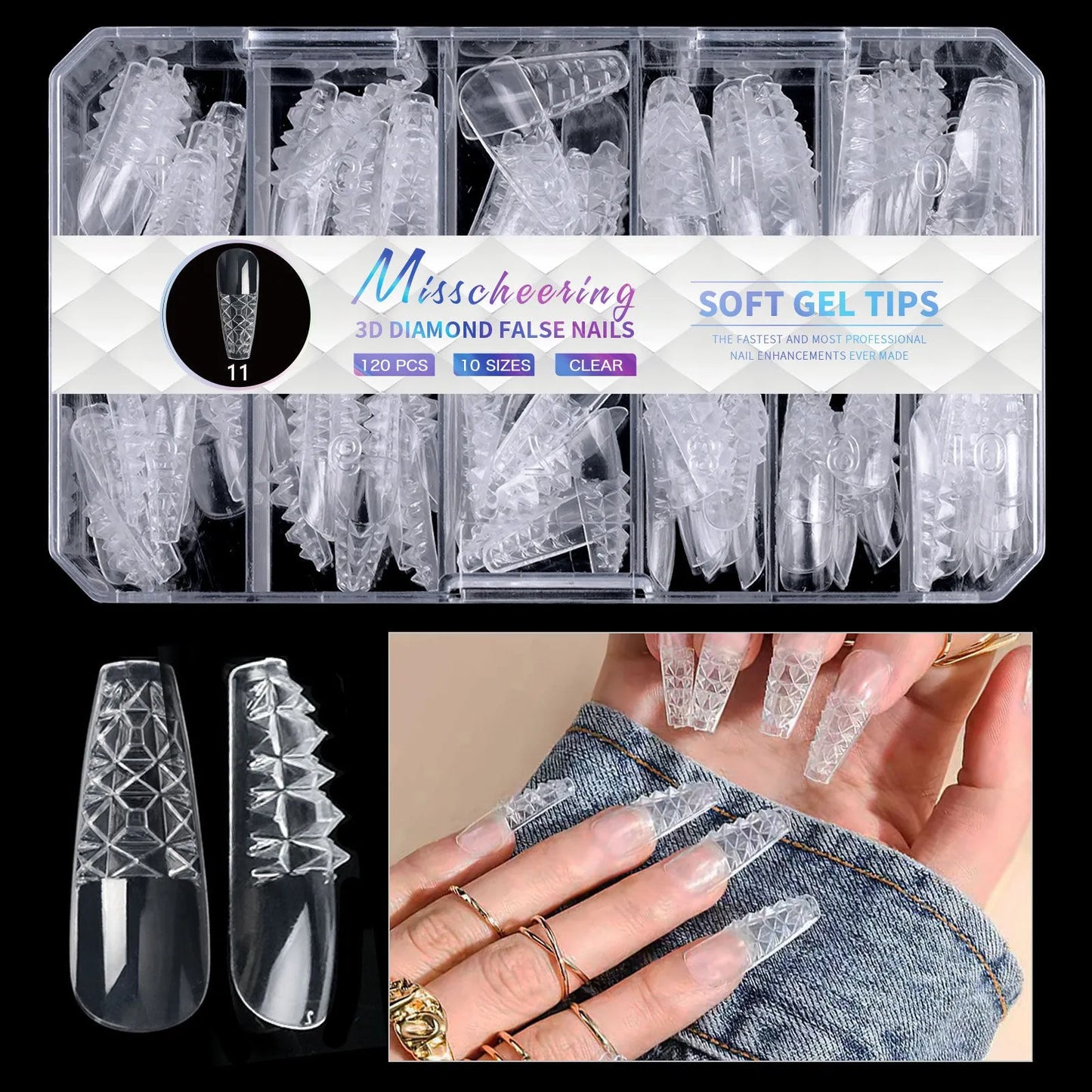 Box of 3D diamond-shaped long false nail tips in a chosen colour from the Diamond Nail range.