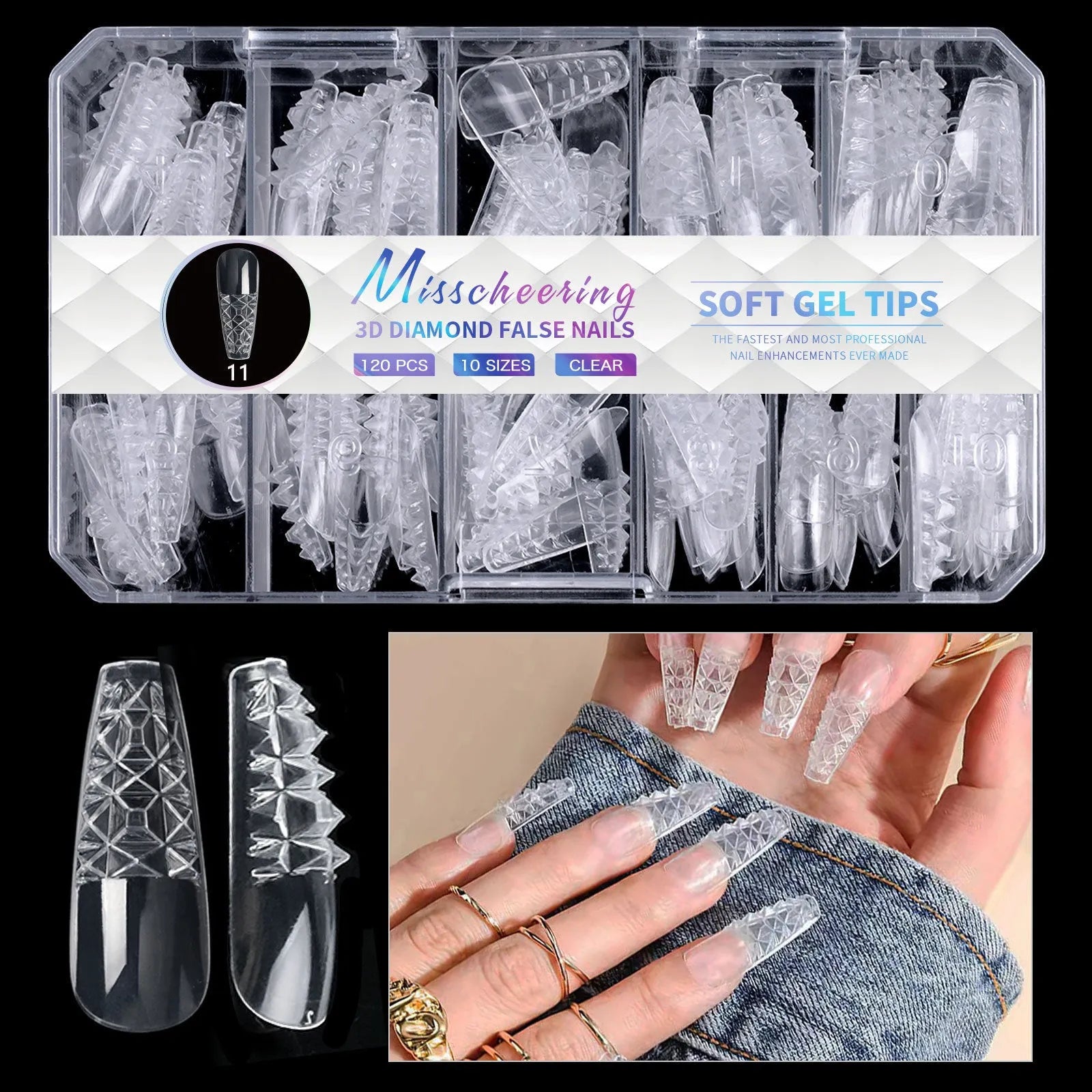 Box of 3D diamond-shaped long false nail tips in a chosen colour from the Diamond Nail range.