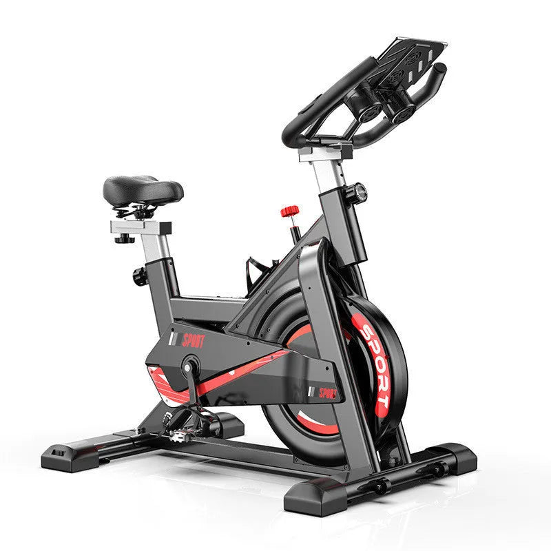 Black upright spinning bike with silent operation, infinite resistance adjustment, and display for distance, time, speed, and calories